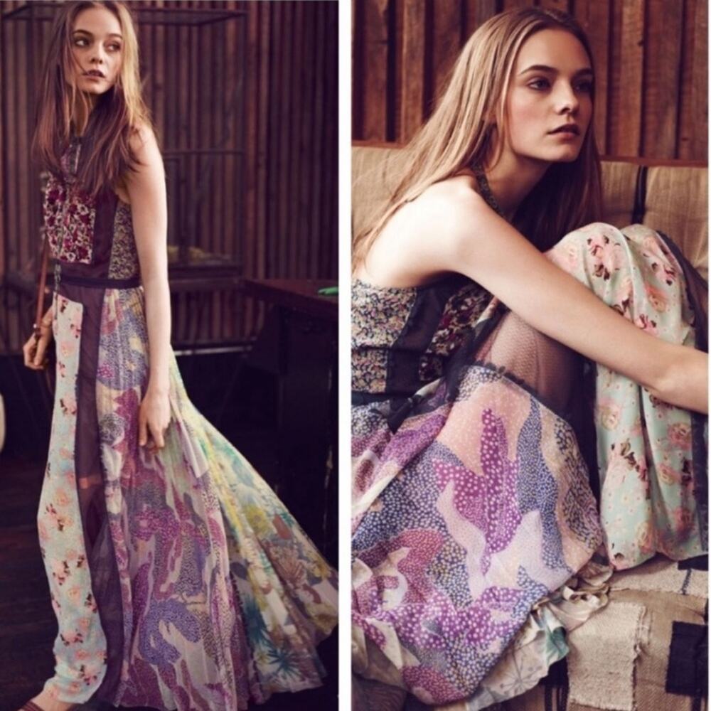 ANTHROPOLOGIE Byron Lars Wilderflora Patchwork Blue Floral Maxi Dress 2